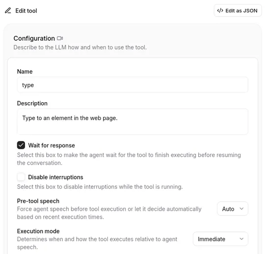 Screenshot of the ElevenLabs Agent platform tool configuration tab