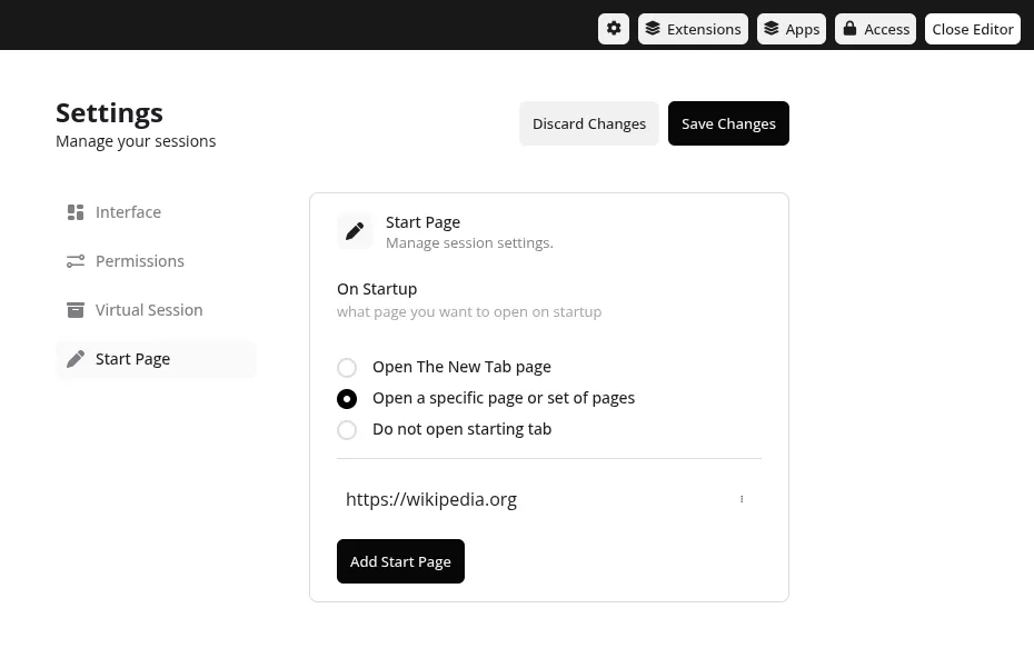 Webfuse Session Settings start page configuration view